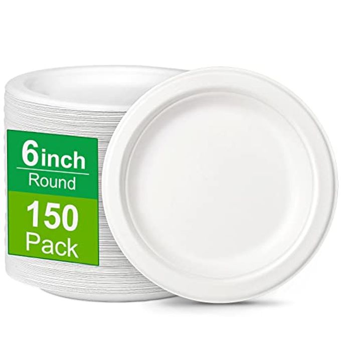 150 PACK COMPOSTABLE ECOFRIENDLY PLATES SMALL WHITE PLATES 6 INCH PERFECT FOR DESSERT CAKE APPETIZER