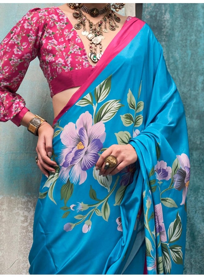 saree mall ساري مول ساري مزخرف نباتي باللون الأزرق الفاتح مع قطعة بلوزة (KERNIA16010_RB) - Image 5