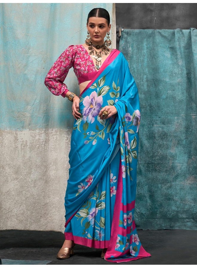 saree mall ساري مول ساري مزخرف نباتي باللون الأزرق الفاتح مع قطعة بلوزة (KERNIA16010_RB) - Image 2