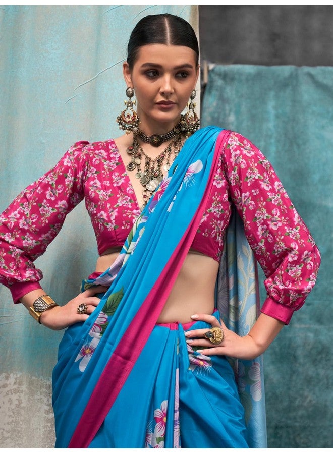 saree mall ساري مول ساري مزخرف نباتي باللون الأزرق الفاتح مع قطعة بلوزة (KERNIA16010_RB) - Image 3