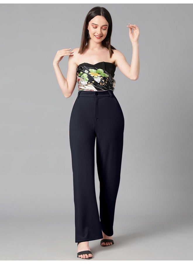 Kotty KOTTY Women's High Rise Cotton Blend Relaxed Fit Trousers Navy Blue  - Image 4