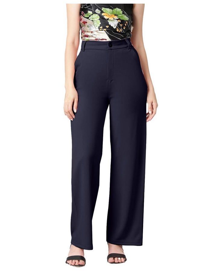 Kotty KOTTY Women's High Rise Cotton Blend Relaxed Fit Trousers Navy Blue  - Image 1