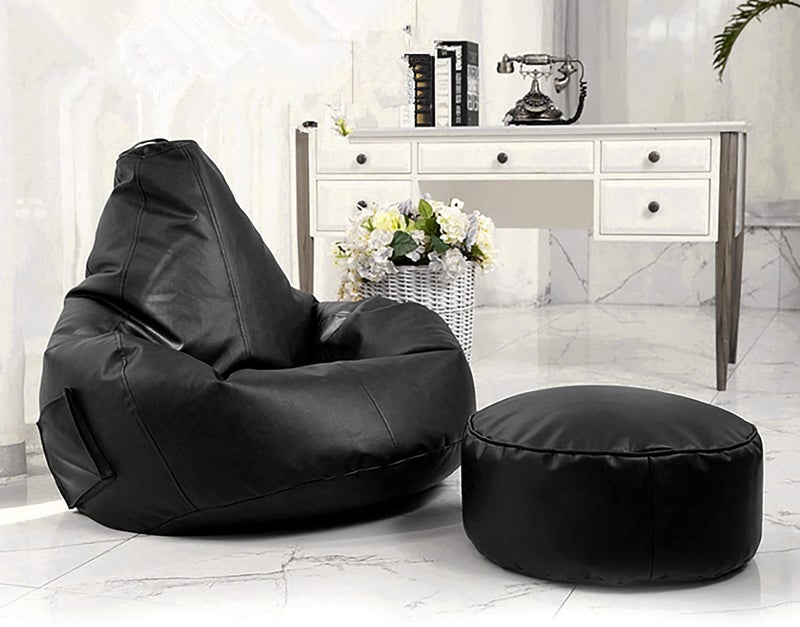 LEXAVI Brand Bean Bag with Footrest Filled with Beans 4XL Large Jumbo Size in Faux Leather 4XL Black Pocket