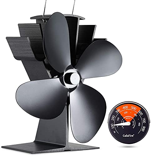 GALAFIRE 4-Blades Heat Powered Wood Stove Fan + Magnetic Thermometer, 122°F Start Non Electric Eco Fireplace Fan for Gas/Pellet/Log/Wood Burning Stoves, Silent Operation, 2-Years, N429, Black - Image 1