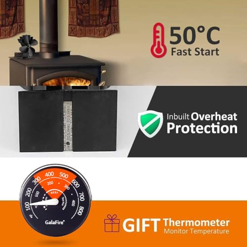 GALAFIRE 4-Blades Heat Powered Wood Stove Fan + Magnetic Thermometer, 122°F Start Non Electric Eco Fireplace Fan for Gas/Pellet/Log/Wood Burning Stoves, Silent Operation, 2-Years, N429, Black - Image 2