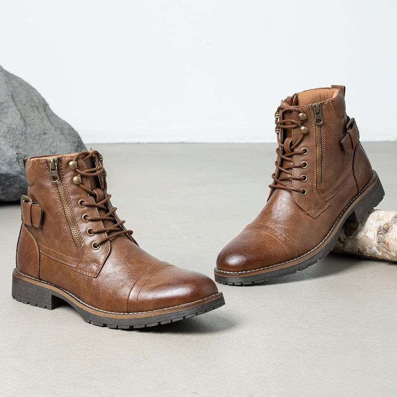 Vostey Men's Brown Motorcycle Combat Ankle Boots BMY678A - Image 3