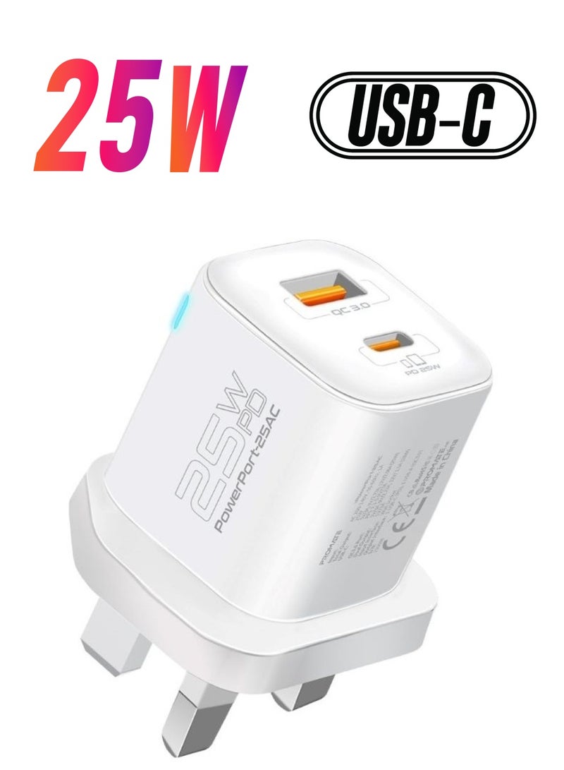 بروميت شاحن iPhone 15، شاحن تيار متردد مدمج بقدرة 25 وات USB-C مع شحن ذكي متكيف بقدرة 18 وات QC 3.0 وحماية الدائرة القصيرة Galaxy S23، iPad Air White - Image 1
