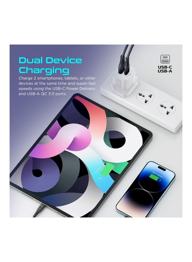 بروميت شاحن iPhone 15، شاحن تيار متردد مدمج بقدرة 25 وات USB-C مع شحن ذكي متكيف بقدرة 18 وات QC 3.0 وحماية الدائرة القصيرة Galaxy S23، iPad Air White - Image 4