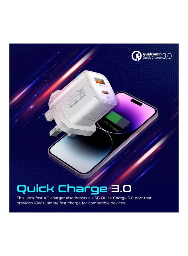 بروميت شاحن iPhone 15، شاحن تيار متردد مدمج بقدرة 25 وات USB-C مع شحن ذكي متكيف بقدرة 18 وات QC 3.0 وحماية الدائرة القصيرة Galaxy S23، iPad Air White - Image 3