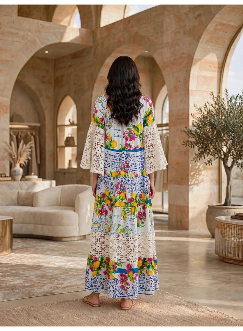 IKKXA Lace Bell Sleeve Tiered Printed Maxi Dress - Image 5
