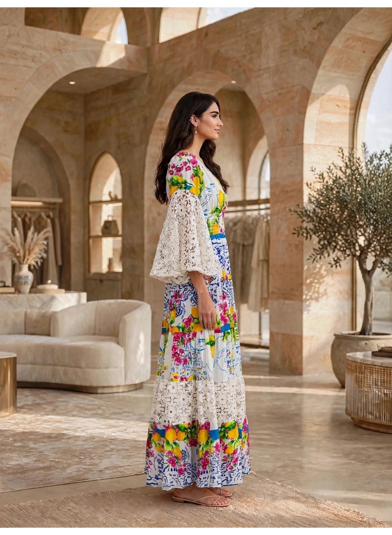 IKKXA Lace Bell Sleeve Tiered Printed Maxi Dress - Image 4