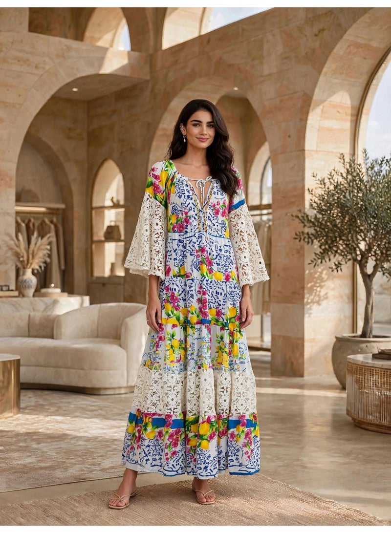 IKKXA Lace Bell Sleeve Tiered Printed Maxi Dress - Image 1