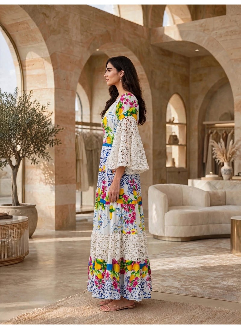 IKKXA Lace Bell Sleeve Tiered Printed Maxi Dress - Image 3