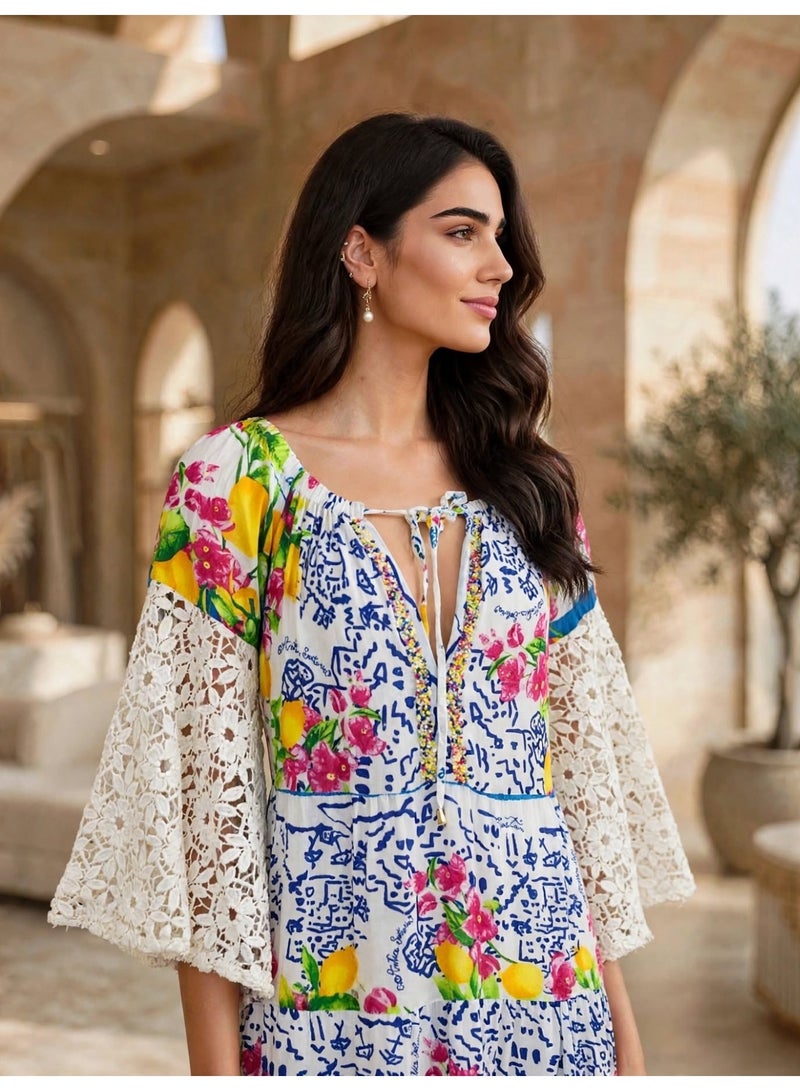 IKKXA Lace Bell Sleeve Tiered Printed Maxi Dress - Image 2