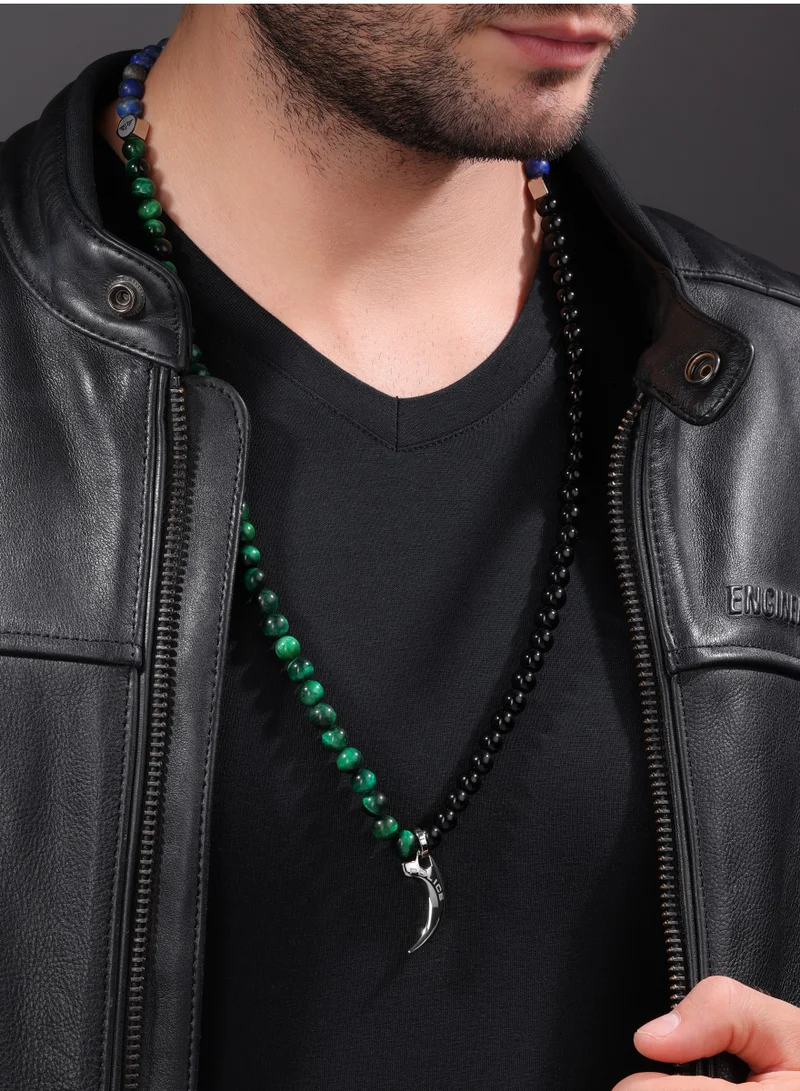 POLICE Gents Necklace Featuring a Mix of Malachite, Onyx, Lapis Beads with Stainless Steel Pendant