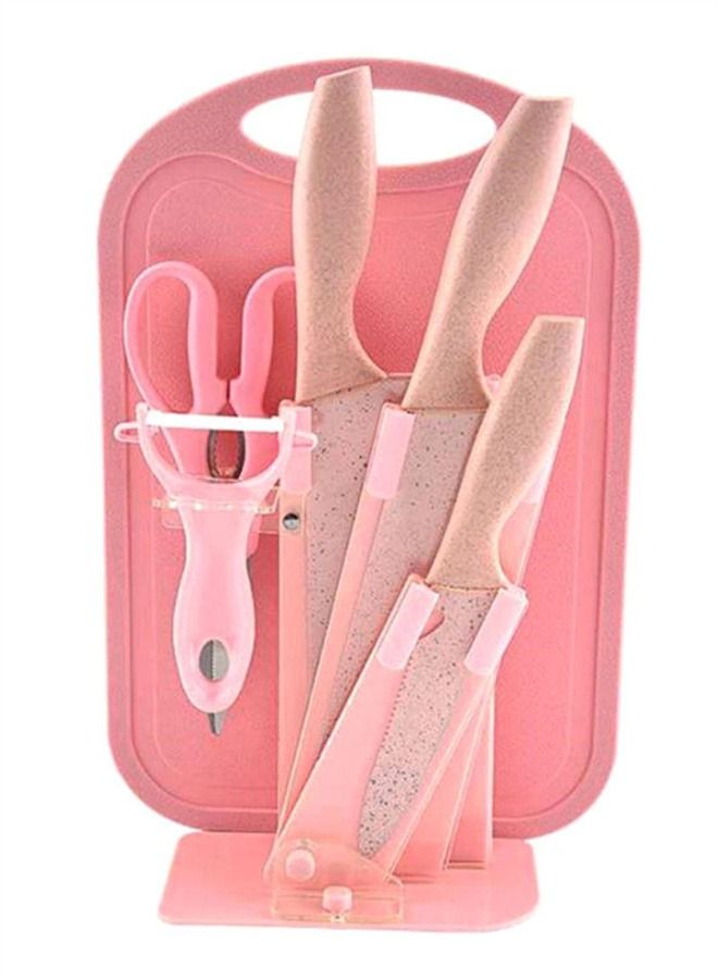 BLOOMING TIME 7pc  Wheat Straw Kitchen Knife With Cutting Board Set pink