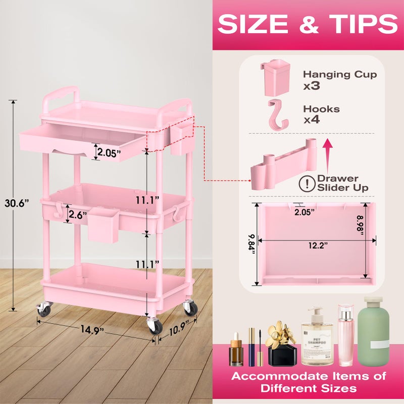 Goovilla Rolling Makeup Organizer Cart with Removable Drawer, 3 Tier Pink - Image 2