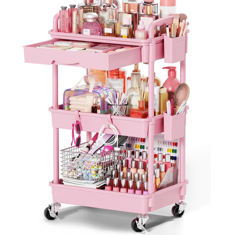 Goovilla Rolling Makeup Organizer Cart with Removable Drawer, 3 Tier Pink - Image 1