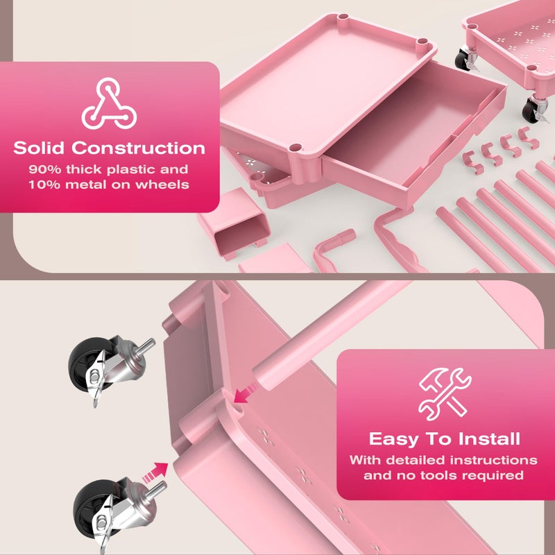 Goovilla Rolling Makeup Organizer Cart with Removable Drawer, 3 Tier Pink - Image 4