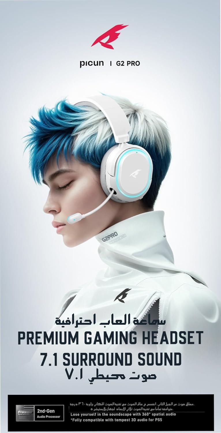 Picun G2 Pro Wireless Gaming Headset (New Edition), 7.1 Surround Sound, 2.4GHz Low Latency & Bluetooth 5.4, Up to 100H Battery, ENC Noise-Canceling Mic, RGB, for PC PS5 PS4 Mac Switch – White - Image 2