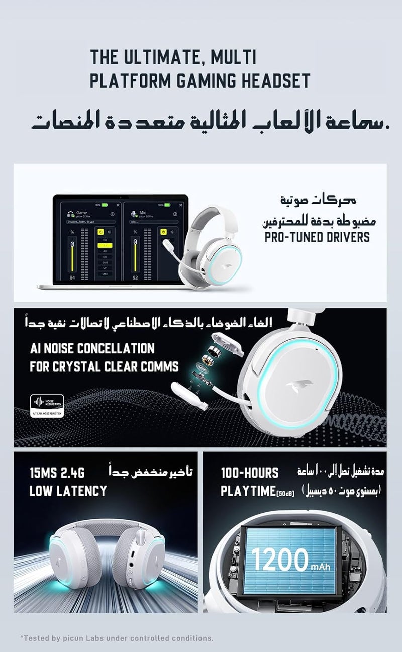 Picun G2 Pro Wireless Gaming Headset (New Edition), 7.1 Surround Sound, 2.4GHz Low Latency & Bluetooth 5.4, Up to 100H Battery, ENC Noise-Canceling Mic, RGB, for PC PS5 PS4 Mac Switch – White - Image 3