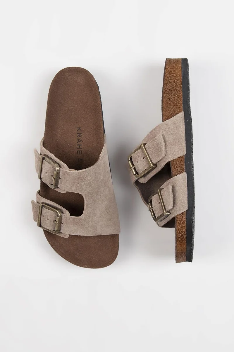 Krahe Krahe Jose Men's Genuine Leather Double Buckle Mink Slippers
