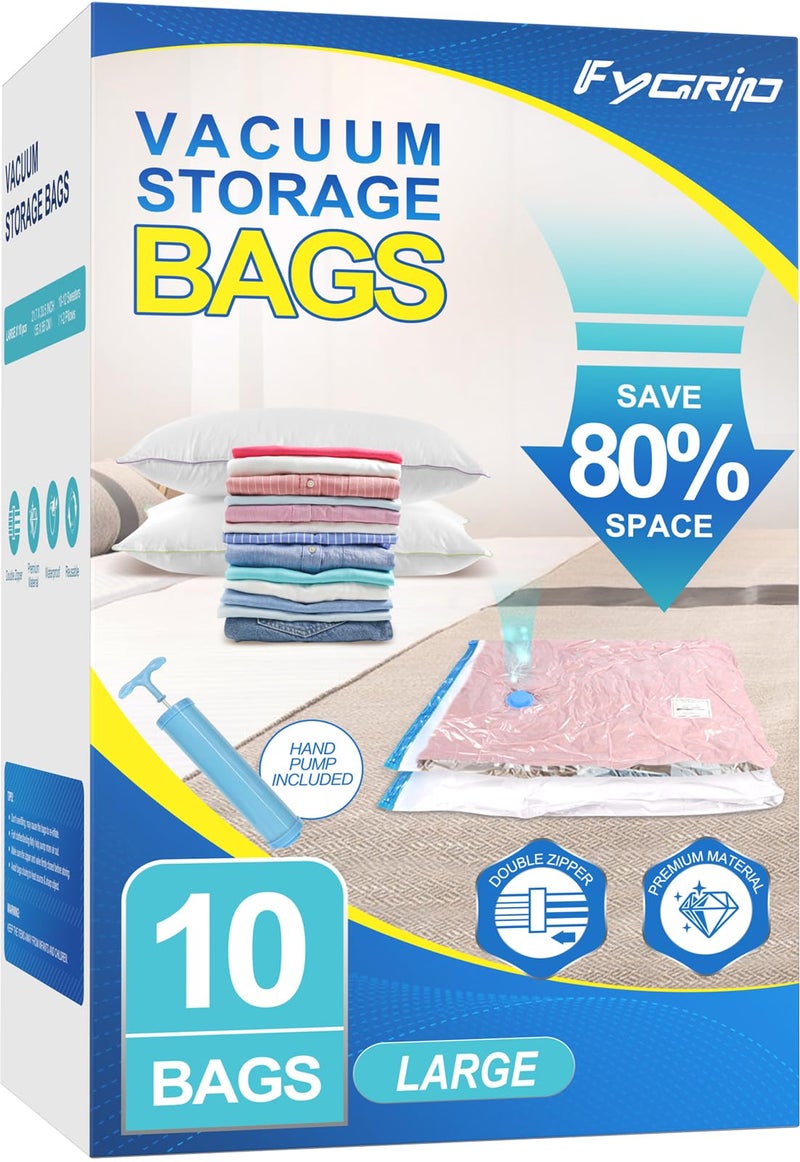 FYGRIP 10 عبوات من أكياس تخزين المكنسة الكهربائية الكبيرة من Fygrip مع مضخة يدوية توفر 80% من أكياس الغلق المفرغة للمساحة للملابس، وأكياس ضغط المكنسة الكهربائية لبطانيات السفر والأمتعة - Image 1