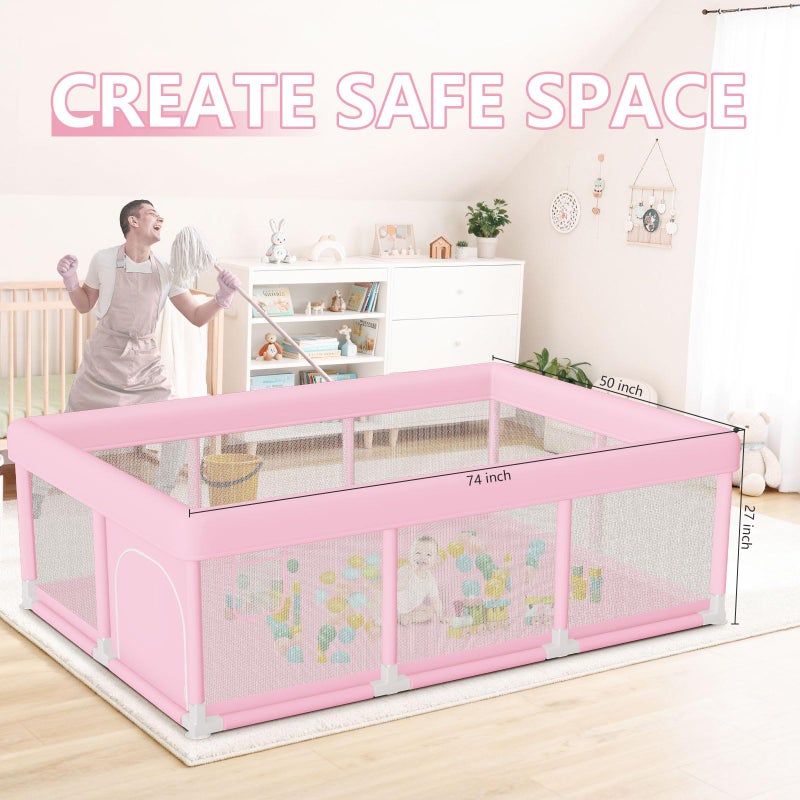 Hiaksedt Large Baby Playpen 74"x50", Baby Girl Play Pen for Babies and Toddlers Pink, Safe Structure and Soft, Skin-Friendly Fabric with Zipper Gates - Image 3