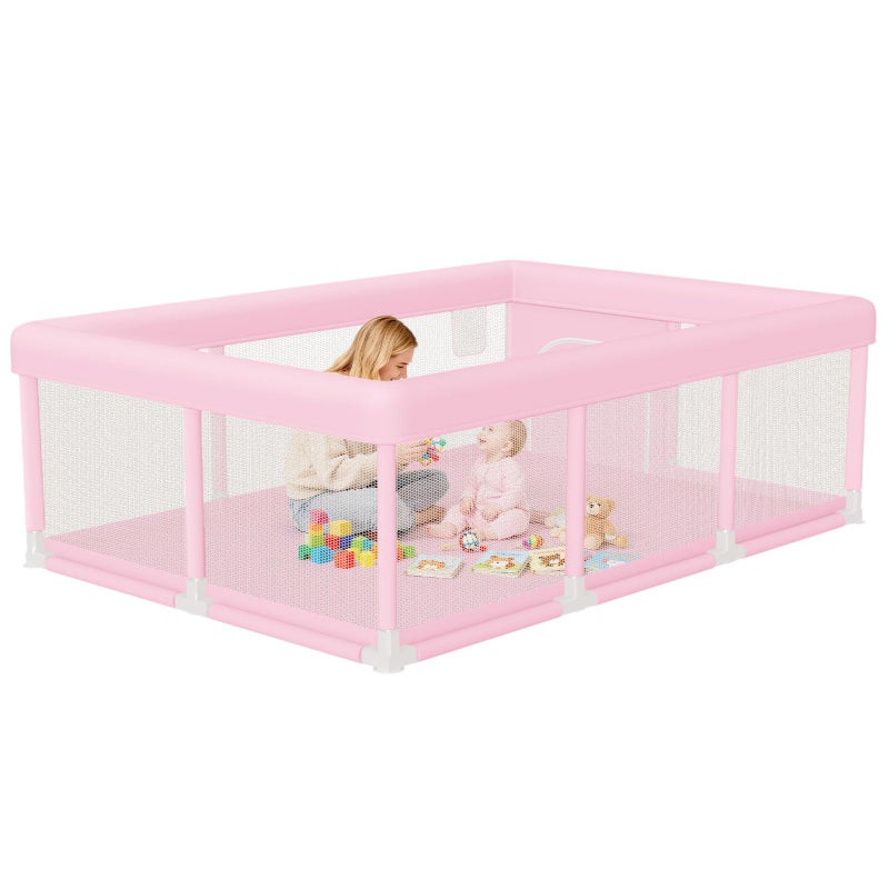 Hiaksedt Large Baby Playpen 74"x50", Baby Girl Play Pen for Babies and Toddlers Pink, Safe Structure and Soft, Skin-Friendly Fabric with Zipper Gates - Image 1