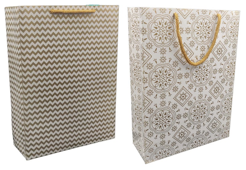 TASCHE Gold Waves and Simply Gold Design Printed Assorted Gift Paper Bags | Gift Bags for Return gifts, and Birthday Holliday presents (11 * 8 * 3 Inches) (Pack of 10) - Image 1