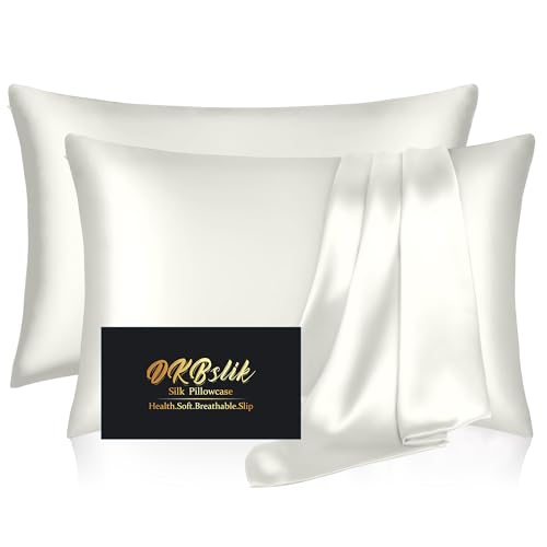 DKBslik Silk Pillow Cases 2 Pack, Mulberry Silk Pillowcases Standard Set of 2, Health, Smooth, Anti Acne, Beauty Sleep, Both Sides Natural Silk Satin Pillow Cases for Women 2 Pack with Zipper for Gift, Ivory - Image 1