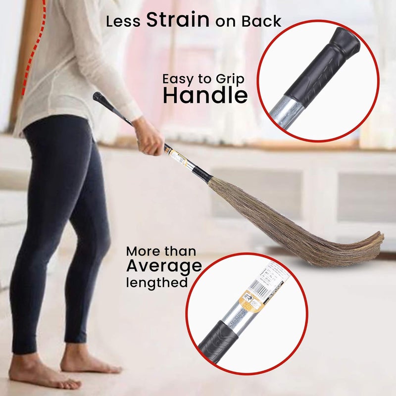 VIGUNI Viguni Broomstick for Home Kitchen Floor SteeloZ Soft Natural Grass Long Steel Handle Indian Broom116 cm LongIndoor Outdoor UseCompatible with Any Dustpan2pcs - Image 3