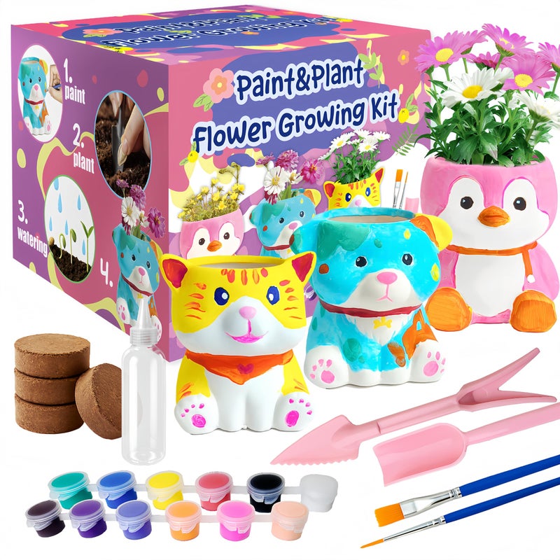 yasest Paint & Plant Flower Growing Kit for Kids - 4 Set DIY Animal Pattern Ceramic Painting Kit, Kids Gardening Set, Arts & Crafts for Ages 8-12, Birthday Gifts for 5 6 7 8 9 10 11 12 Year Old Girl - Image 1