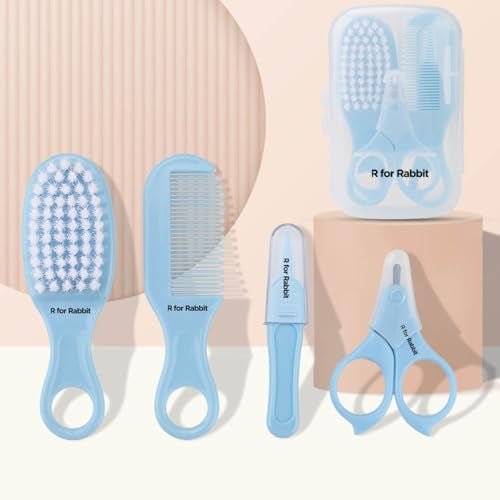 R for Rabbit Stylo Totcare Set Baby Grooming Kit for New Born Baby 4-in-1 Kids Set Hairbrush, Comb, Scissors & Tweezers Travel-Friendly Age 0+ Months (Sky Blue) - Image 1
