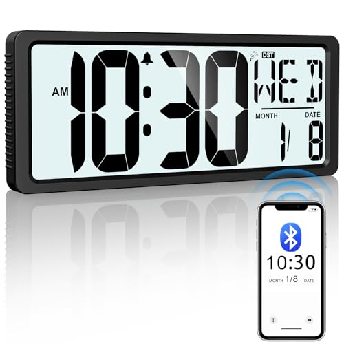 Xflyee Backlight Digital Wall Clock Battery Operated with Bluetooth Time Sync/No Setup Required, 15'' Large Digital Wall Clock with Day, Date & Temperature, Large Digital Clock for Bedroom, Office - Image 1