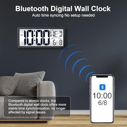 Xflyee Backlight Digital Wall Clock Battery Operated with Bluetooth Time Sync/No Setup Required, 15'' Large Digital Wall Clock with Day, Date & Temperature, Large Digital Clock for Bedroom, Office - Image 2