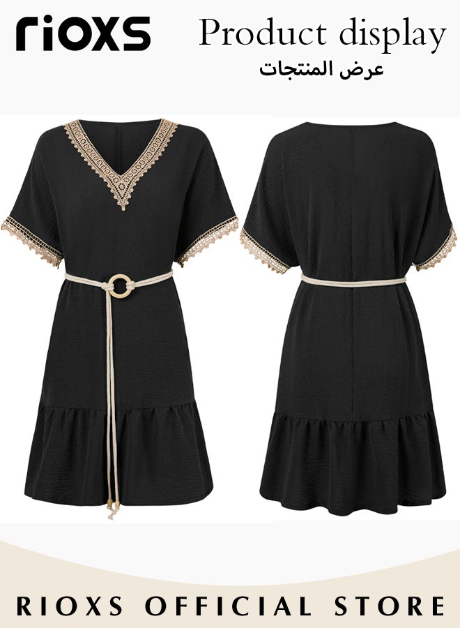 RIOXS Women's Casual Summer Dresses Lace Short Sleeve Dress V Neck Flowy Midi Dress With Belt Ladies Tied Waist Dresses  - Image 5
