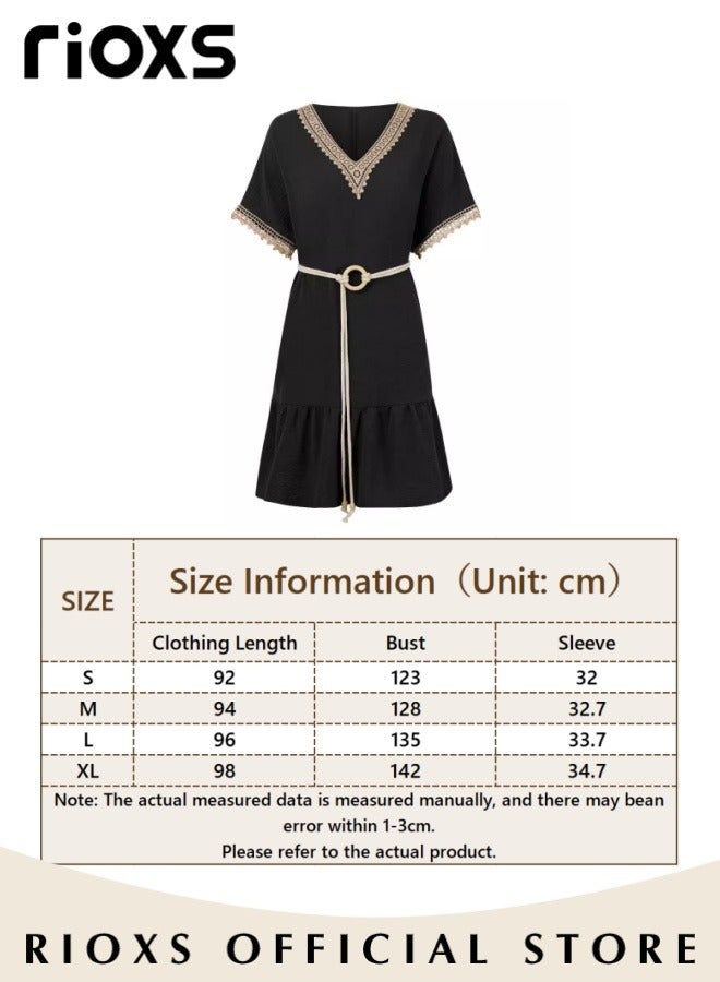 RIOXS Women's Casual Summer Dresses Lace Short Sleeve Dress V Neck Flowy Midi Dress With Belt Ladies Tied Waist Dresses  - Image 3