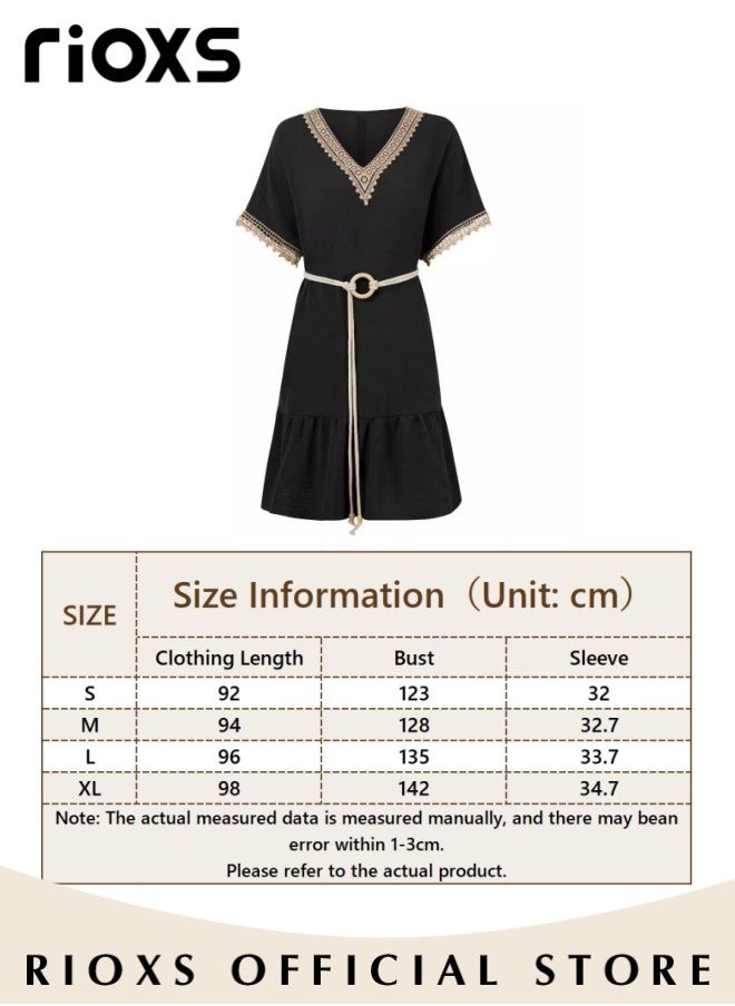 Women's Casual Summer Dresses Lace Short Sleeve Dress V Neck Flowy Midi Dress With Belt Ladies Tied Waist Dresses - pzsku/Z3B065267C76F6BBB1A14Z/45/_/1720603886/708c93c3-868b-45c8-a8dc-fb5d031b376e