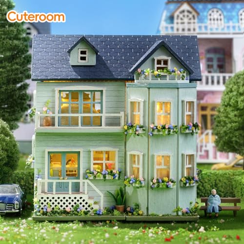 CUTEROOM طقم منزل مصغر افعلها بنفسك من كيوت روم - طقم منزل خشبي للدمى مع أثاث - طقم صنع منزل مصغر هدية عيد ميلاد للنساء والفتيات (مانور دافئ) - Image 3