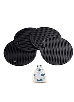 Silicone Heat Resistant Pot Holders Set - 4 Multi-Purpose Trivets and Hot Pads for Kitchen Use, Ideal for Hot Dishes, Jar Opening, and Spoon Holding, Black