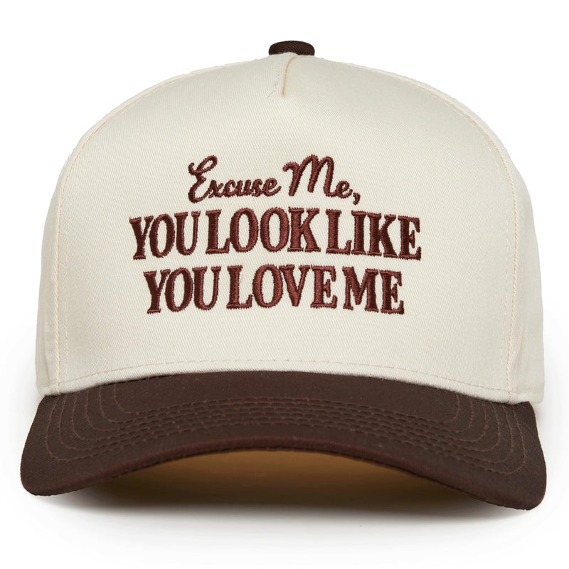 Funky Junque Two Tone Vintage Snapback Hat - Excuse me, You Look Like You Love Me -Brown/Beige - Image 1