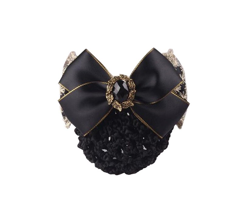 Elandy 1PCS Lace Ribbon Bowknot Rhinestone Snood Net Elastic Hair Clip Barrette Bun Cover Black