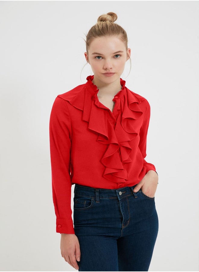 Red Frilled Woven Shirt TWOSS20GO0036