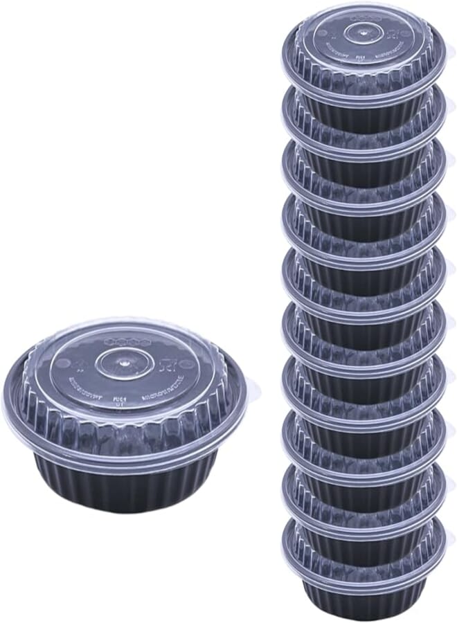 Pack of 10 KRNO® Black Round Microwaveable Food Containers with Clear Lids Disposable PP & PS Plastic Bowls for Restaurants Catering Meal Prep & Food Delivery (Small)