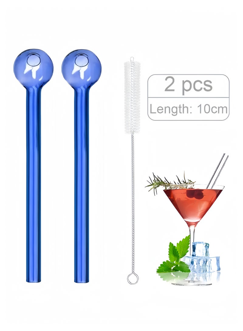 قطعتان من مصاصات الشرب الزجاجية المقاومة للكسر - مصاصات شرب زجاجية متينة وقابلة لإعادة الاستخدام مع فرشاة تنظيف واحدة للمشروبات والعصائر والأعشاب والعصائر، تصميم صديق للبيئة (أزرق) - Image 1