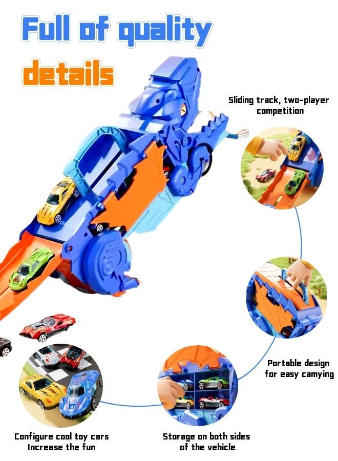 Vixplorn Race Tracks City dinosaur transporter track toy for toddlers. Dinosaur transport truck with 4 die-cast racing cars, which can be transformed into stampede dinosaurs with a track, suitable for children over 3 years old, can be given as a gift.  - Image 5