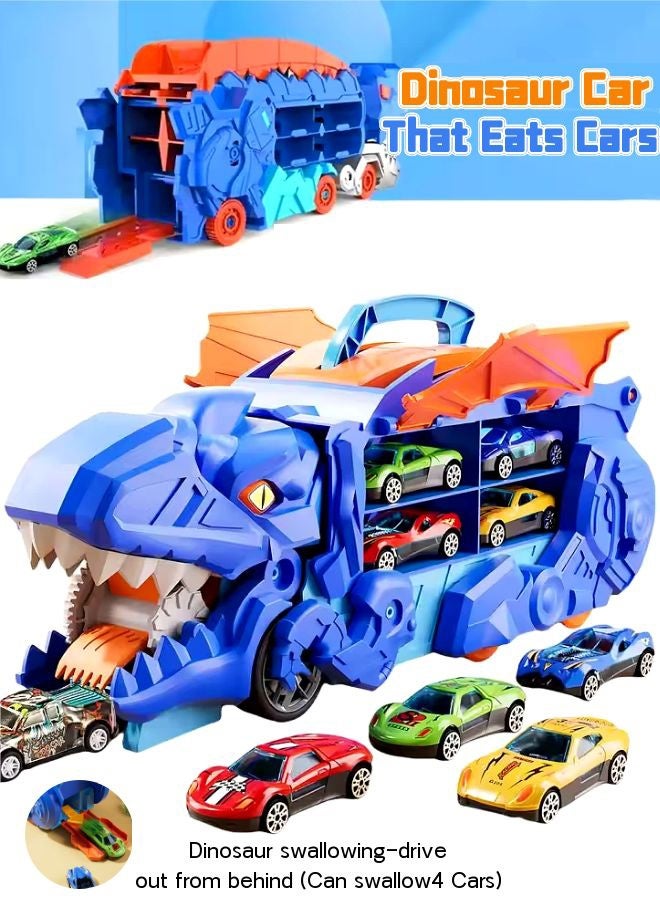 Vixplorn Race Tracks City dinosaur transporter track toy for toddlers. Dinosaur transport truck with 4 die-cast racing cars, which can be transformed into stampede dinosaurs with a track, suitable for children over 3 years old, can be given as a gift.  - Image 3