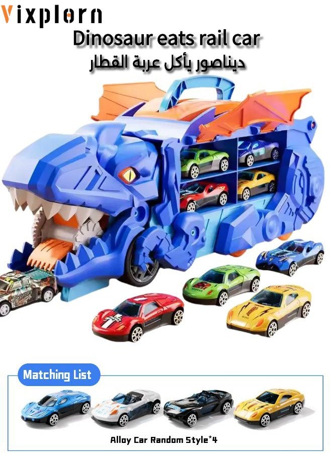 Vixplorn Race Tracks City dinosaur transporter track toy for toddlers. Dinosaur transport truck with 4 die-cast racing cars, which can be transformed into stampede dinosaurs with a track, suitable for children over 3 years old, can be given as a gift.  - Image 1