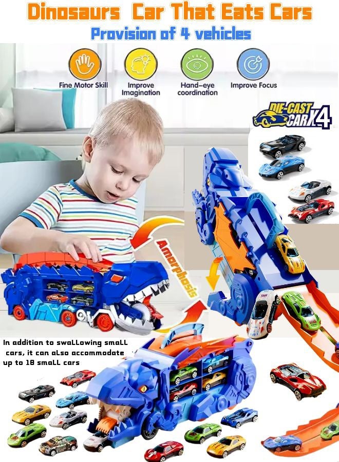 Vixplorn Race Tracks City dinosaur transporter track toy for toddlers. Dinosaur transport truck with 4 die-cast racing cars, which can be transformed into stampede dinosaurs with a track, suitable for children over 3 years old, can be given as a gift.  - Image 4